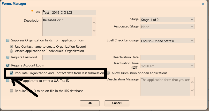Populate Organization and Contact data from last submission Checkbox